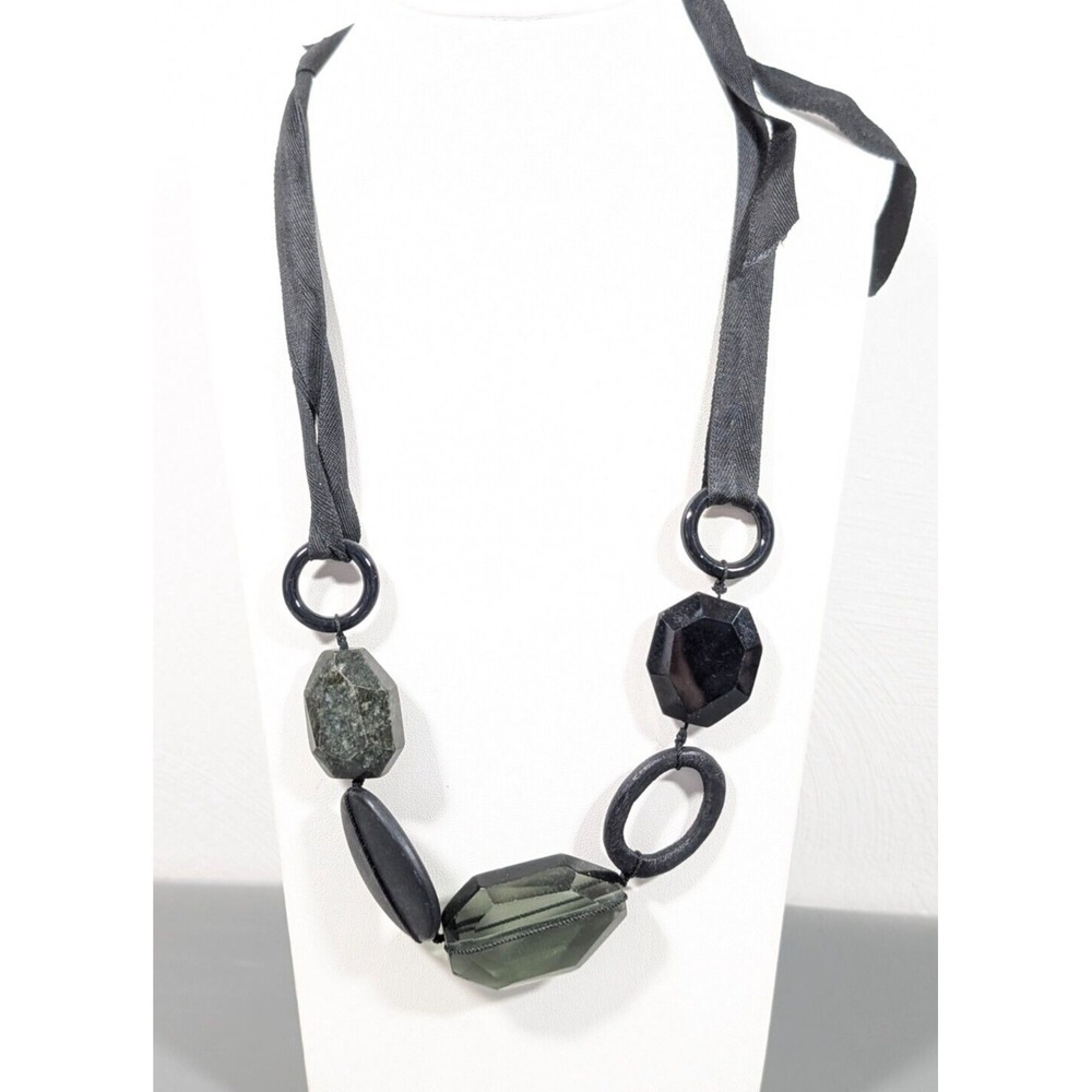 Boho Preppy Black Ribbon Tie Back‎ Green Stone Glass Chunky Statement Necklace